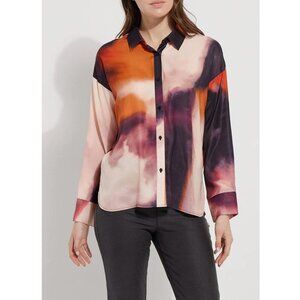 LYSSÉ Printed Satin Long Sleeve Button Shirt in Experimental Paint - Sz M - NWT